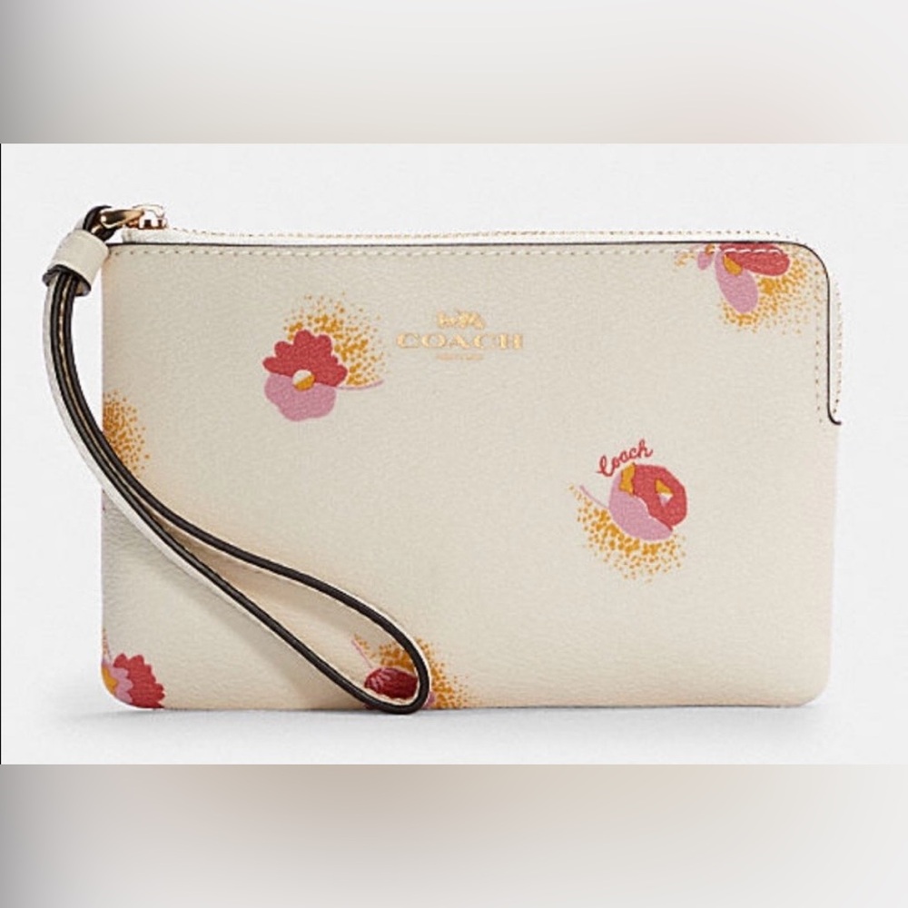 Coach Cream Wristlet with Pink Floral Accents